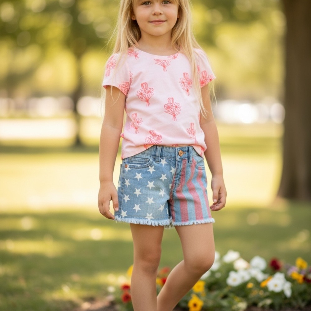 Cat & Jack Light Pink Floral Tee and Star/Stripe Denim Shorts Set